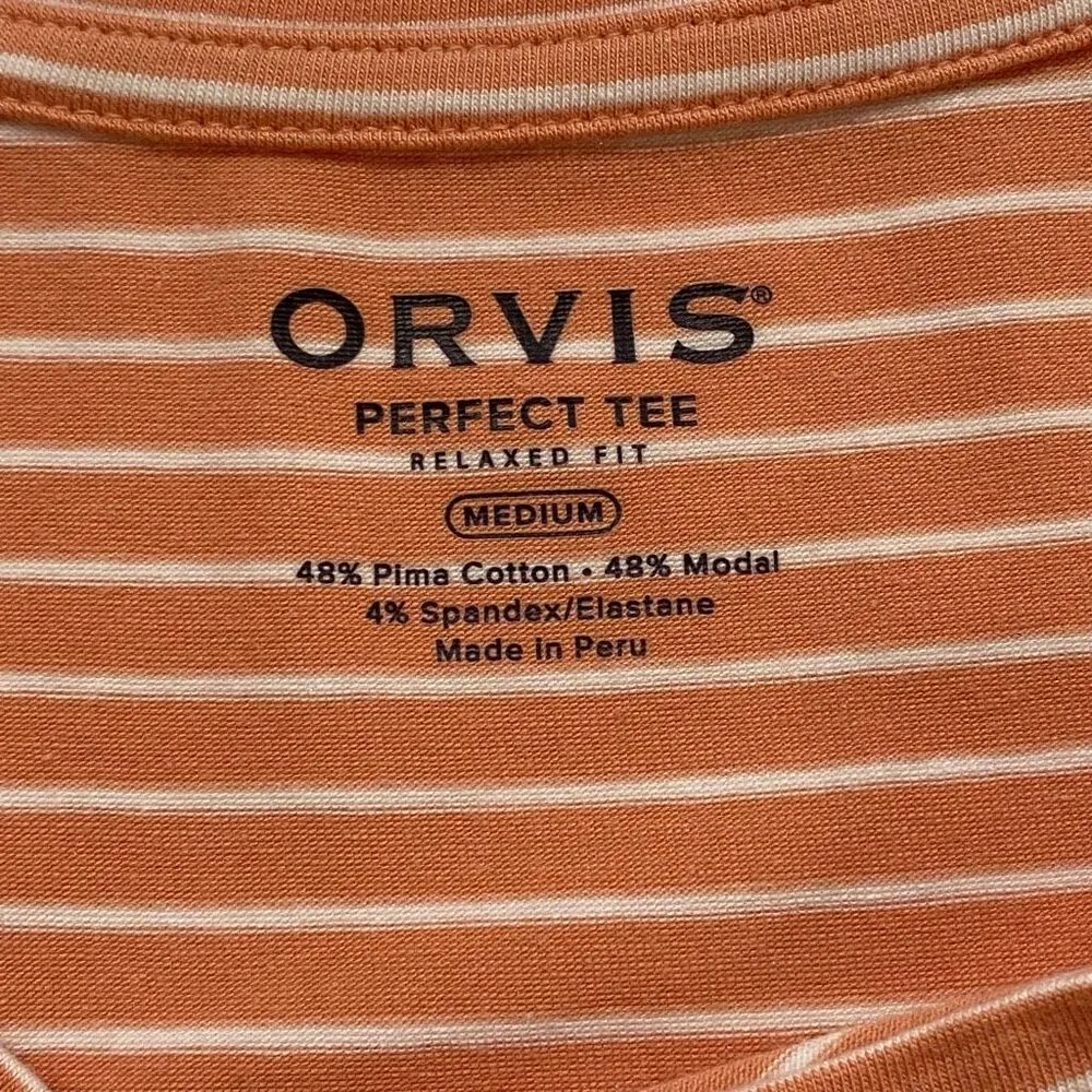 Orvis Perfect Tee Orange White Striped V-Neck Shirt Women’s Medium - Image 3