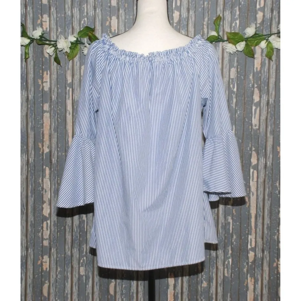Mileage Blue Striped Embroidered Roses Blouse Top Plus Size 1X 3/4 Bell Sleeve - Image 9