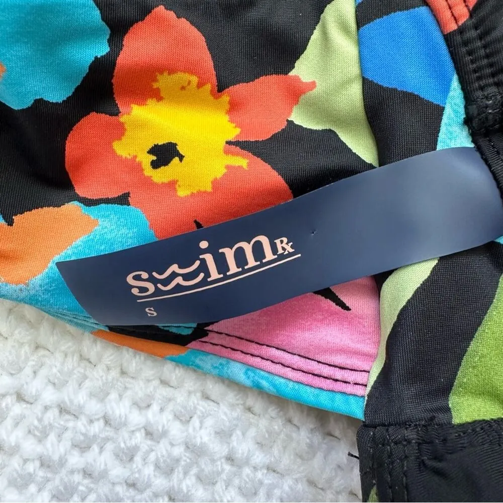 Swim RX Black Multi Floral Plunging Neck Twist Back High Waist One Piece Swim S - Image 7