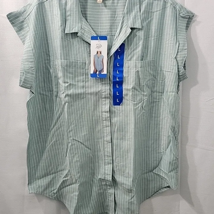 Jachs Girlfriend Women's Striped Cotton Green Sleeveless Button-Up Shirt Size L - Image 8