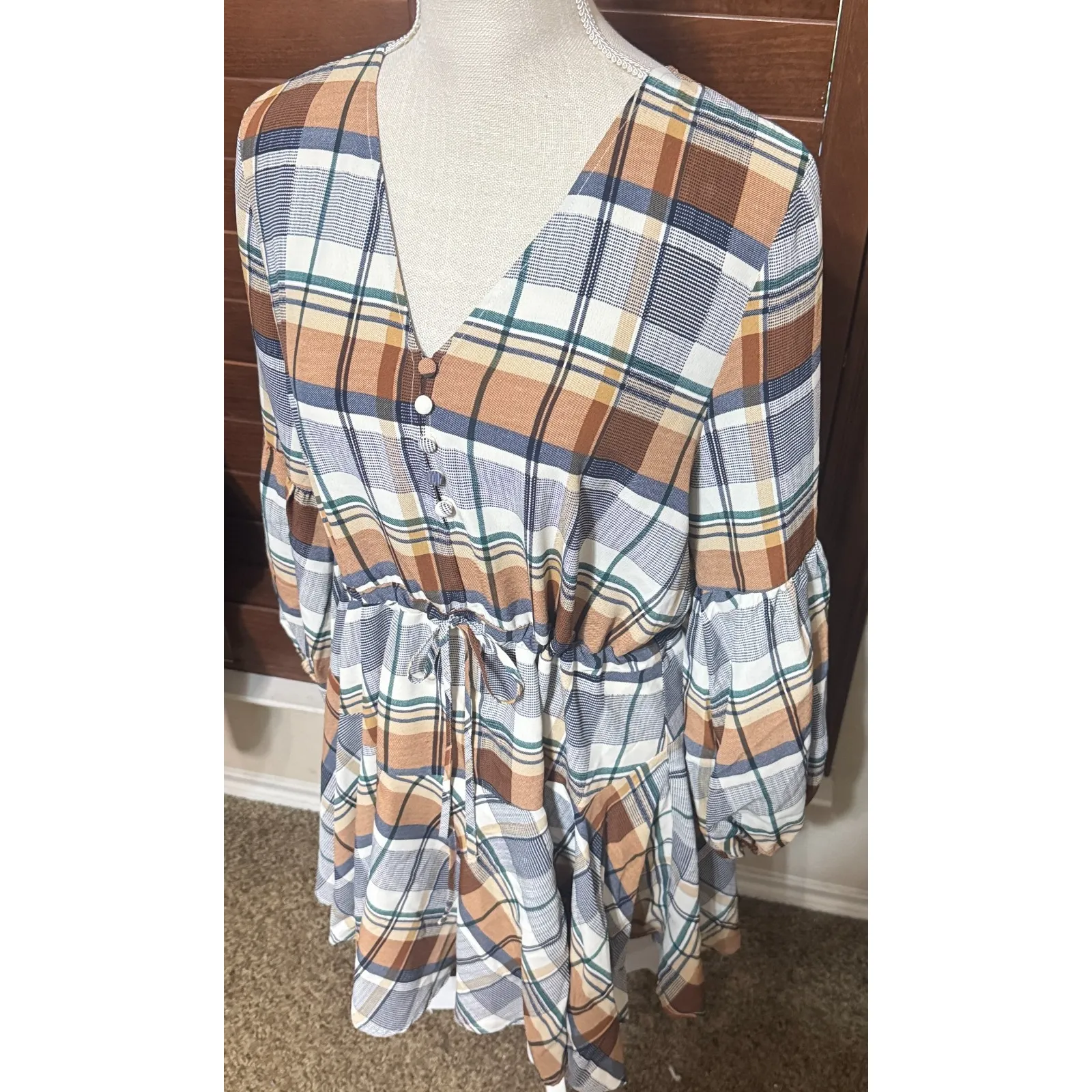Entro Fall Plaid Button Flare Dress Size M academia school Country cottage - Image 3