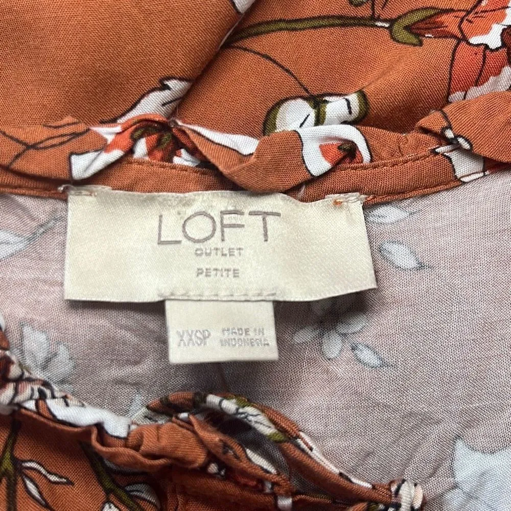 LOFT Outlet EUC Brown Floral Front Tie Button Down Blouse Sz XXSP - Image 4