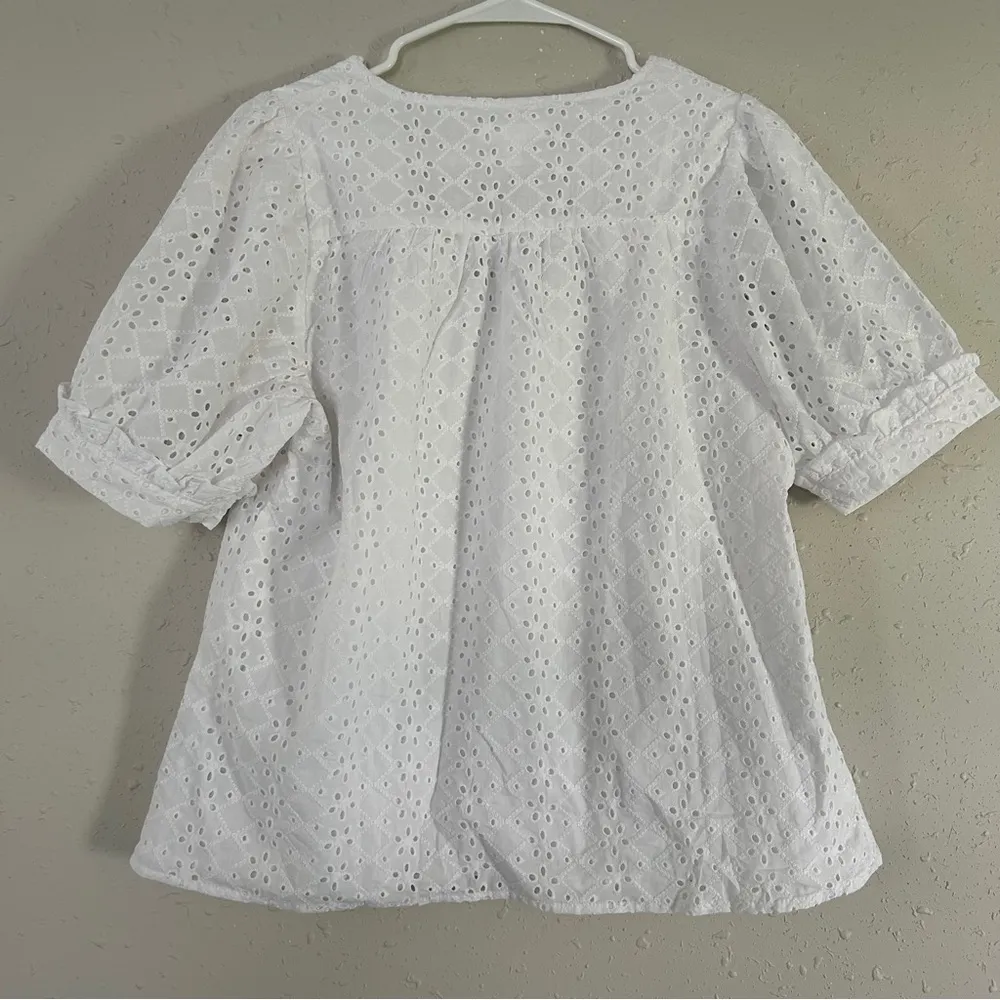 Draper James White Short Sleeve Puff Sleeve Eyelet Blouse Summer Neutral Medium - Image 5