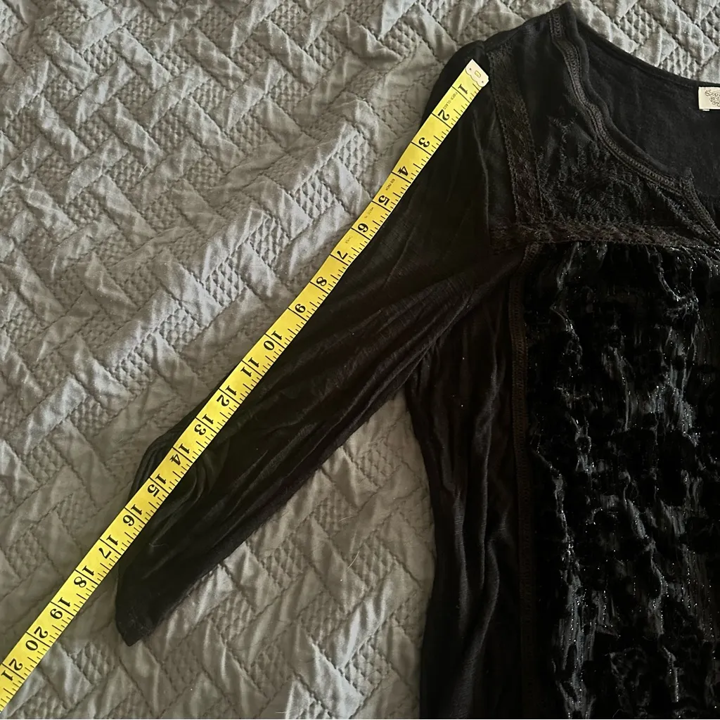 American Vintage Black Cotton Velvet Lace Trim Blouse Large - Image 9