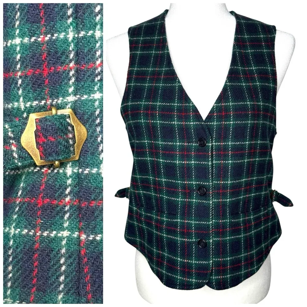 Vintage‎ Eddie Bauer Vest S Lambswool Wool Waist Coat Buckle Plaid Academia - Image 2