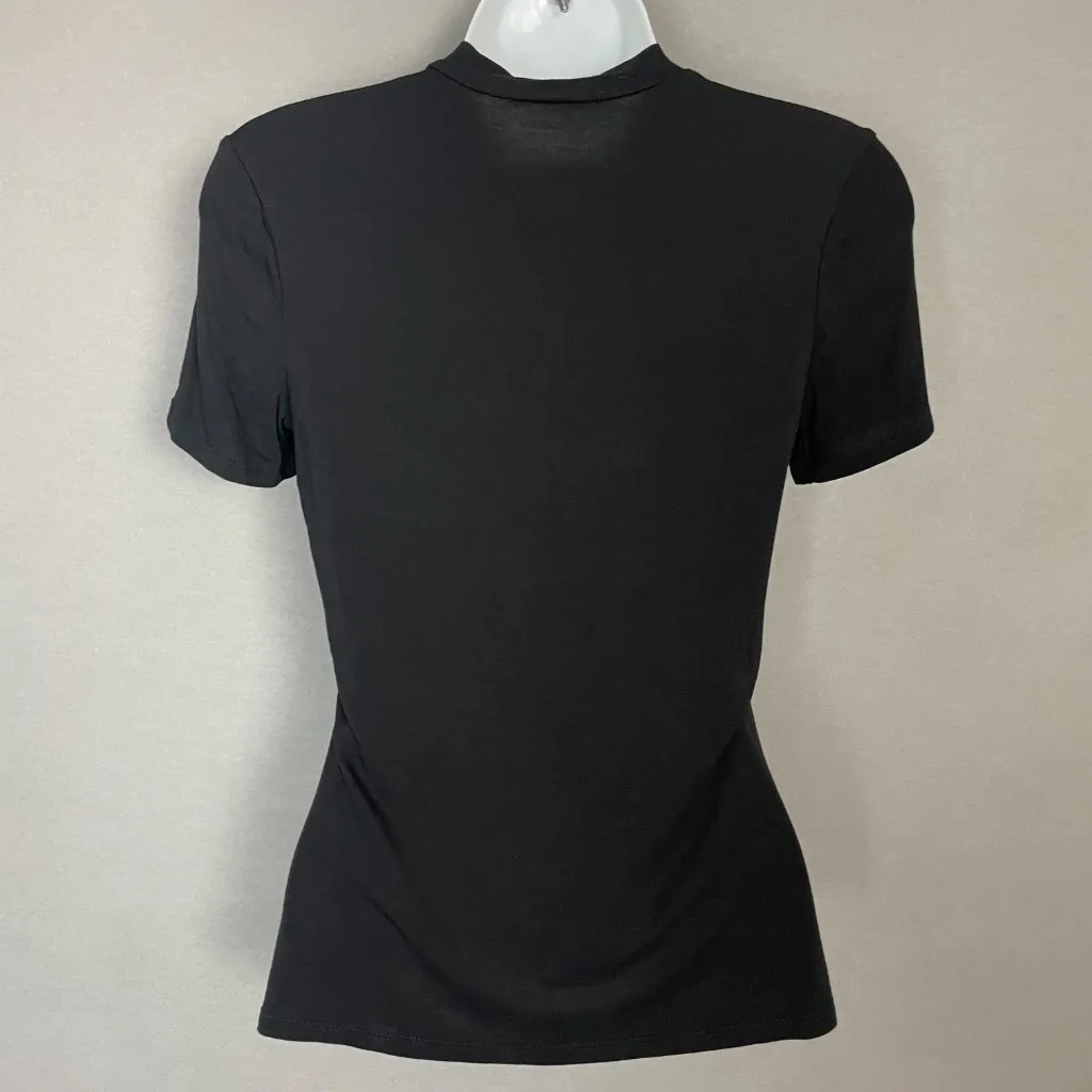 Bear Dance T-Shirt Sheer Panel V-Neck Mock Neck Short Sleeves Size Medium Black - Image 2