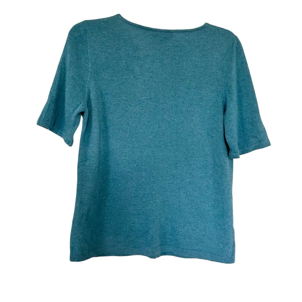 Luisa Spagnoli Blue Wool & Cashmere Floral Jacquard Short Sleeve Sweater Size L Size L - Image 2