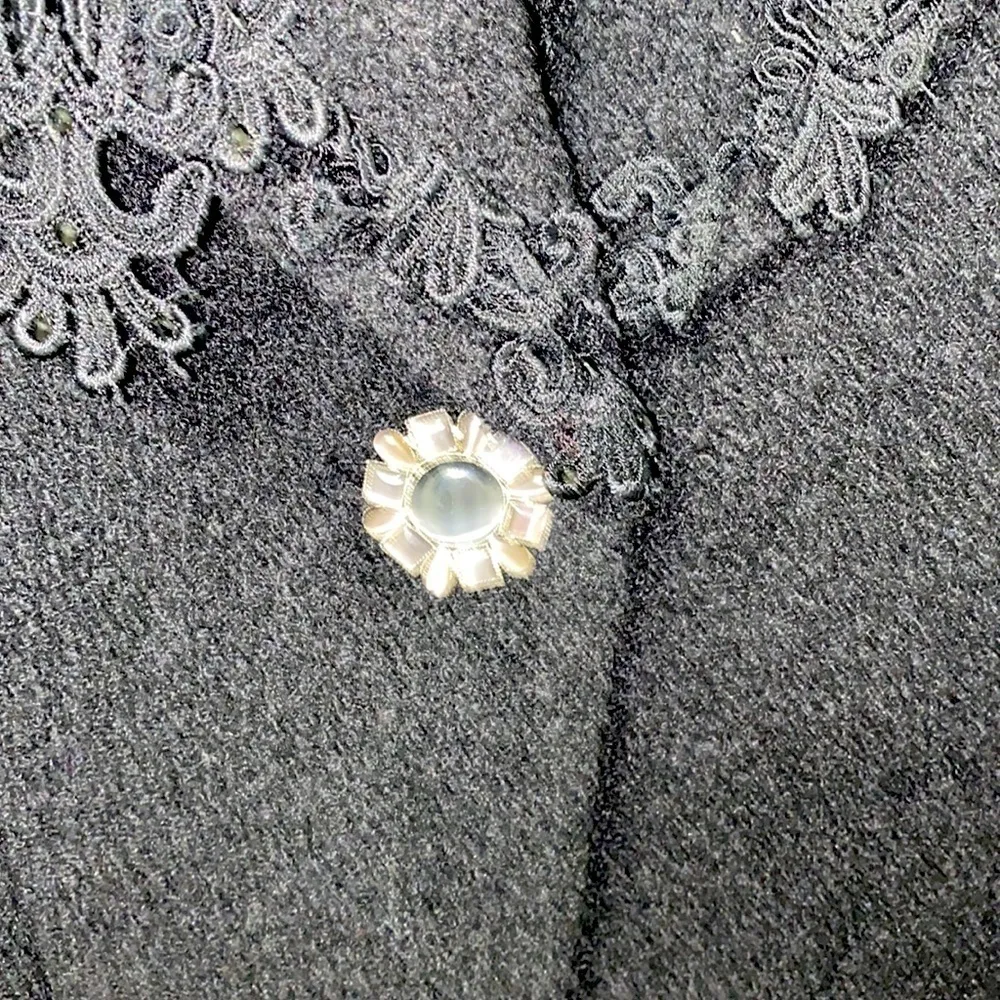 Bloomingdale’s Black wool teddy jacket and lace skirt suit. MIDI length. Size 10 - Image 2