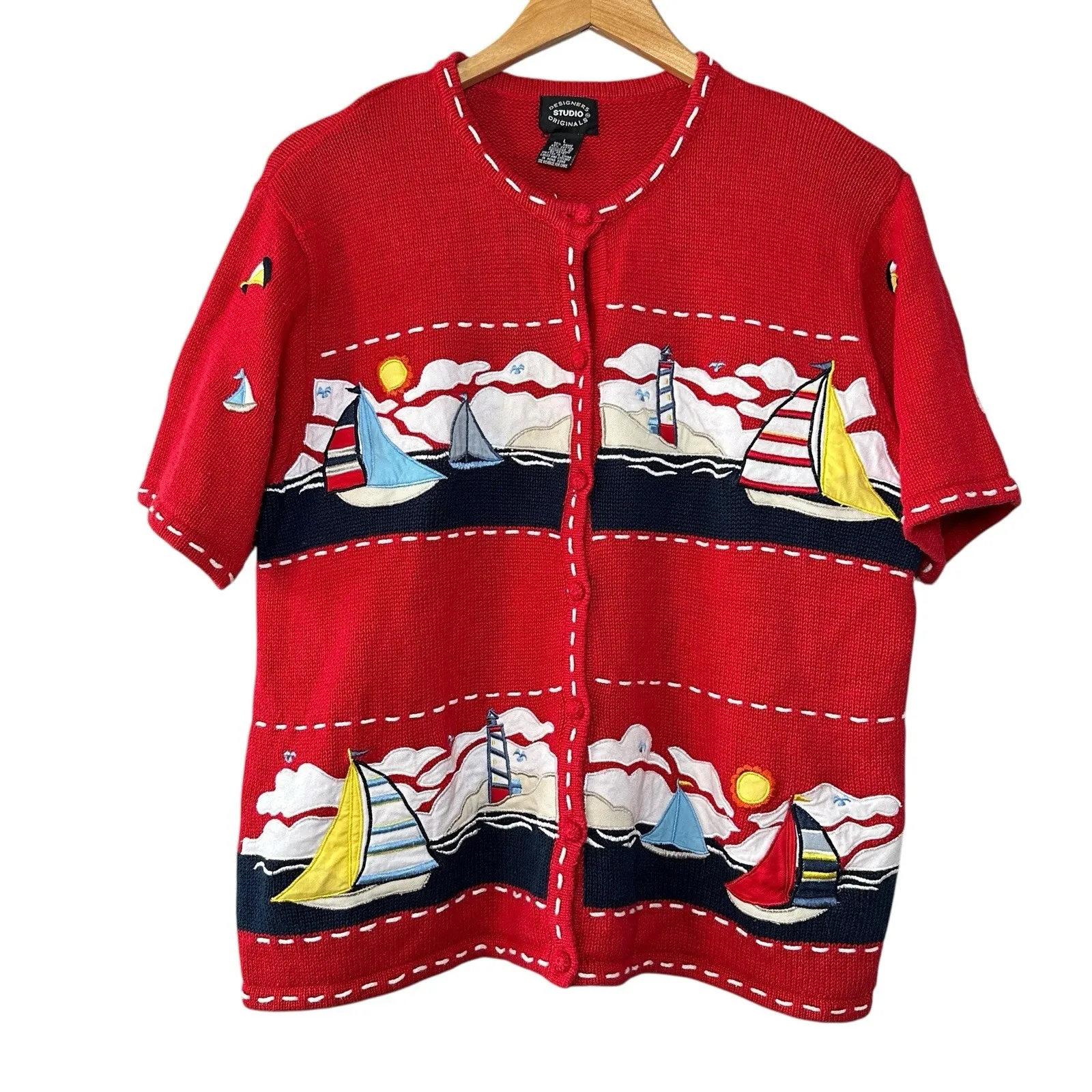 Vintage Nautical‎ Sailboat Sweater L Red Ramie Cotton Coastal Grandma Cardigan Size L - Image 2