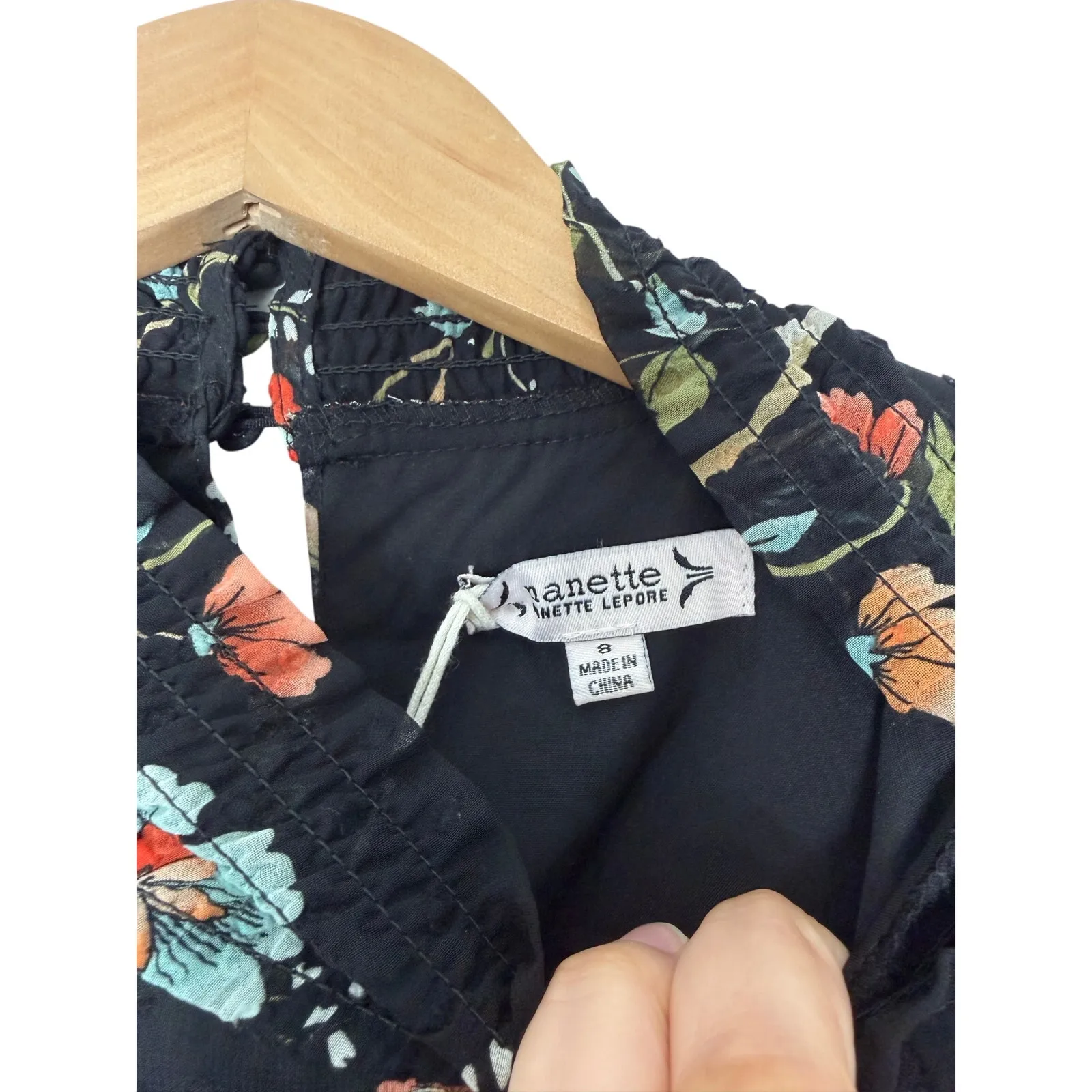 NANETTE NANETTE LEPORE Dress Size 8 Floral High Low Midi in Black Smocked Waist - Image 8