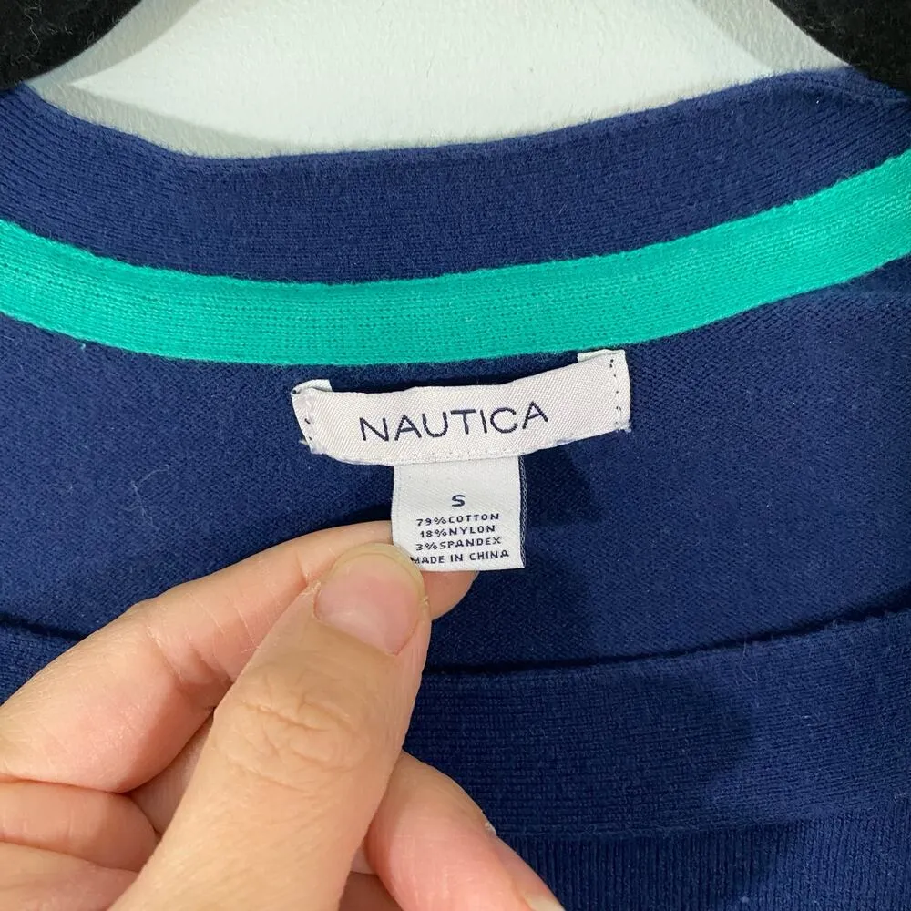 Nautica Navy & Green Striped Square Neck Sweater Size S Coastal Preppy - Image 4