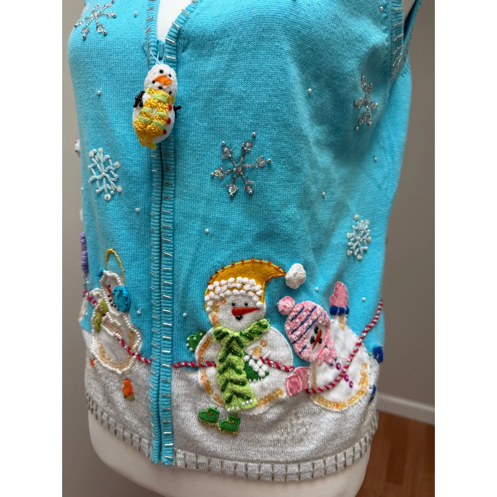 Vintage Berek Ugly Christmas Sweater Vest Small Snowman Embroidered Jingle Bells Blue - Image 8