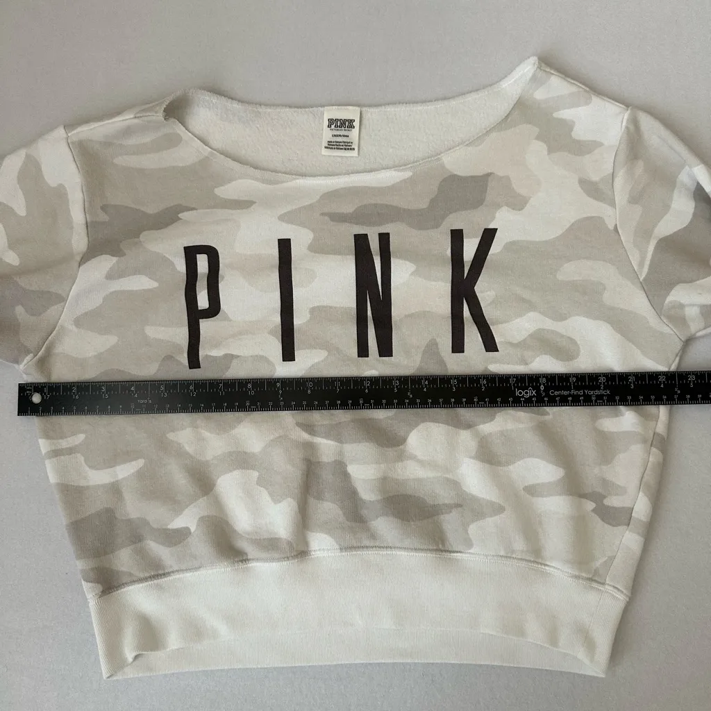 Victoria Secret PINK White Camo Off the Shoulder Cropped Crew Sweatshirt - Image 4