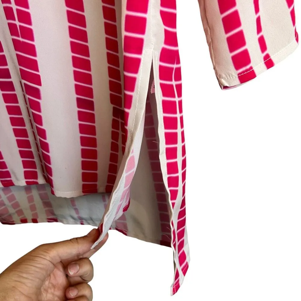 Hemant & Nandita Tunic Swim Coverup Pin White Long Sleeve Embroidered Bohemian Pink - Image 6