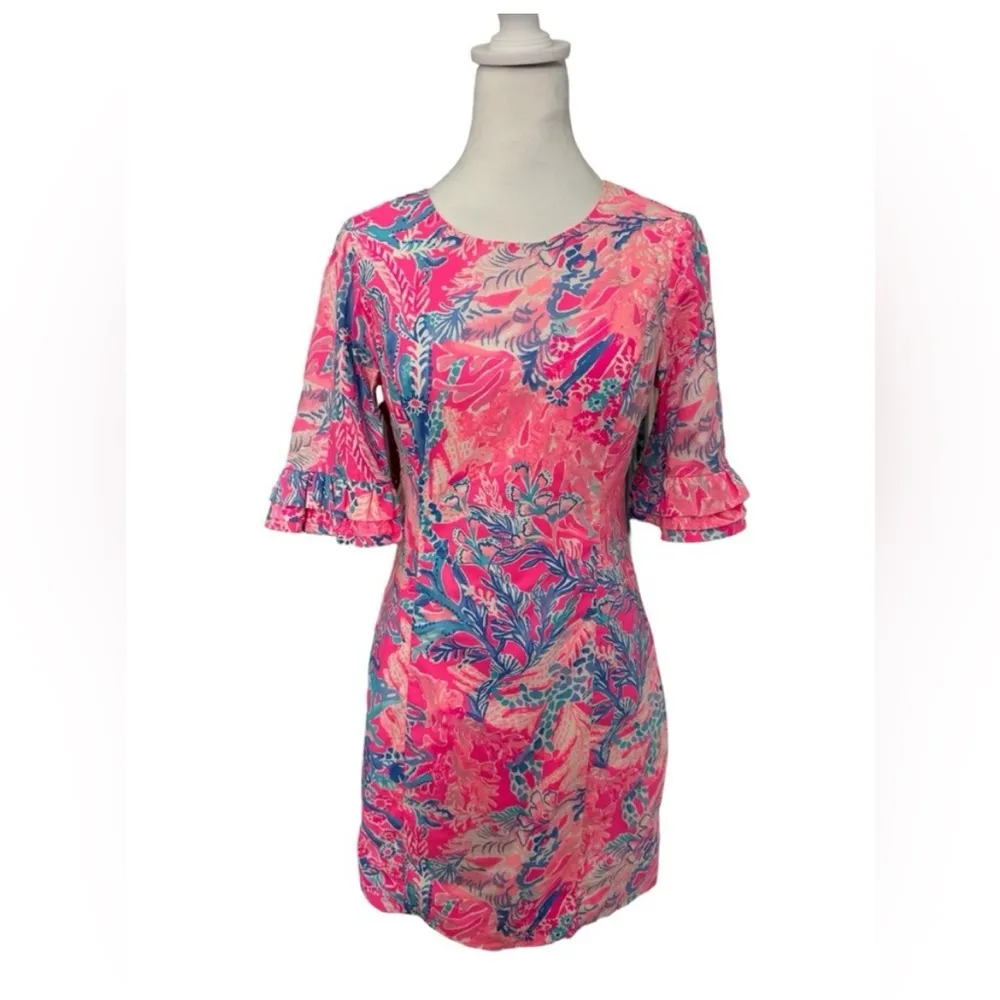 Lilly Pulitzer Fiesta Stretch Dress 00 Pink Aquadesiac Ruffle Sleeve Mini Summer - Image 4