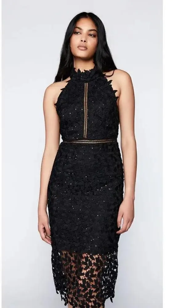 NWT! Bardot Sequin Leaf Lace Dress In Black Sz 2 - Image 3