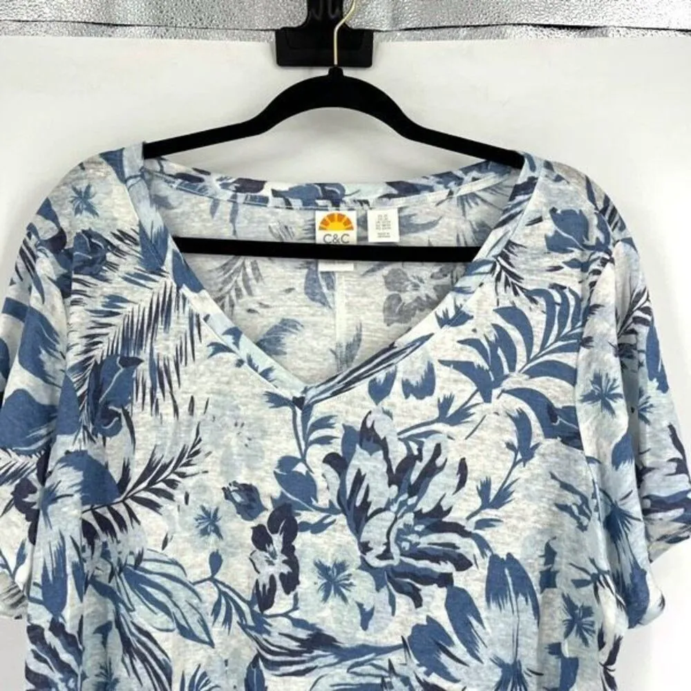 C&C California Women's‎ Linen Floral Leaf Print Short Sleeve Top Blue Size 2X - Image 9