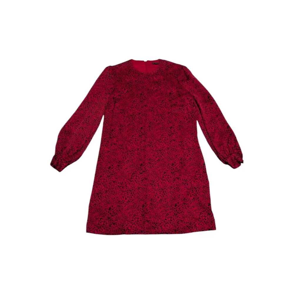 Brooks Brothers Soft Satin Animal Print Dress Red Black Puff Sleeve Womens 8 - Image 2