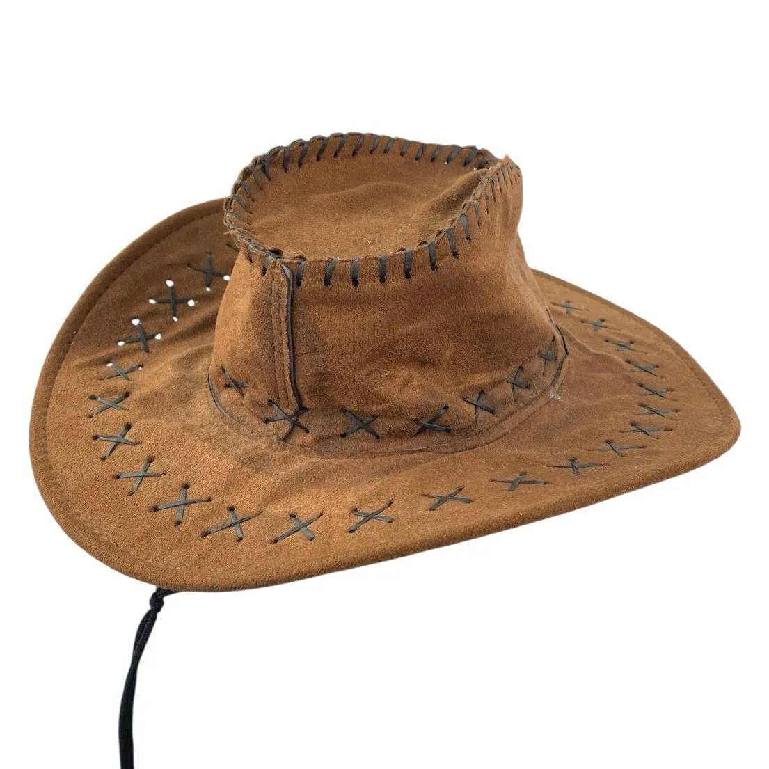Women's Tan Brown Cowboy Western Stitched Strap Faux Suede Riding Hat One Size - Image 2