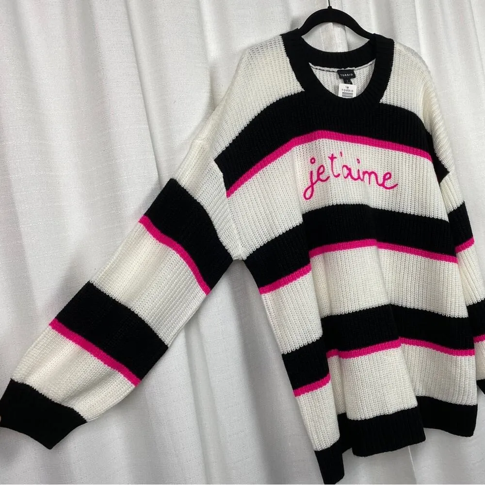 Torrid Black&White Je t’aime (I Love You) Drop Shoulder Crew Neck Sweater Sz.2 - Image 9