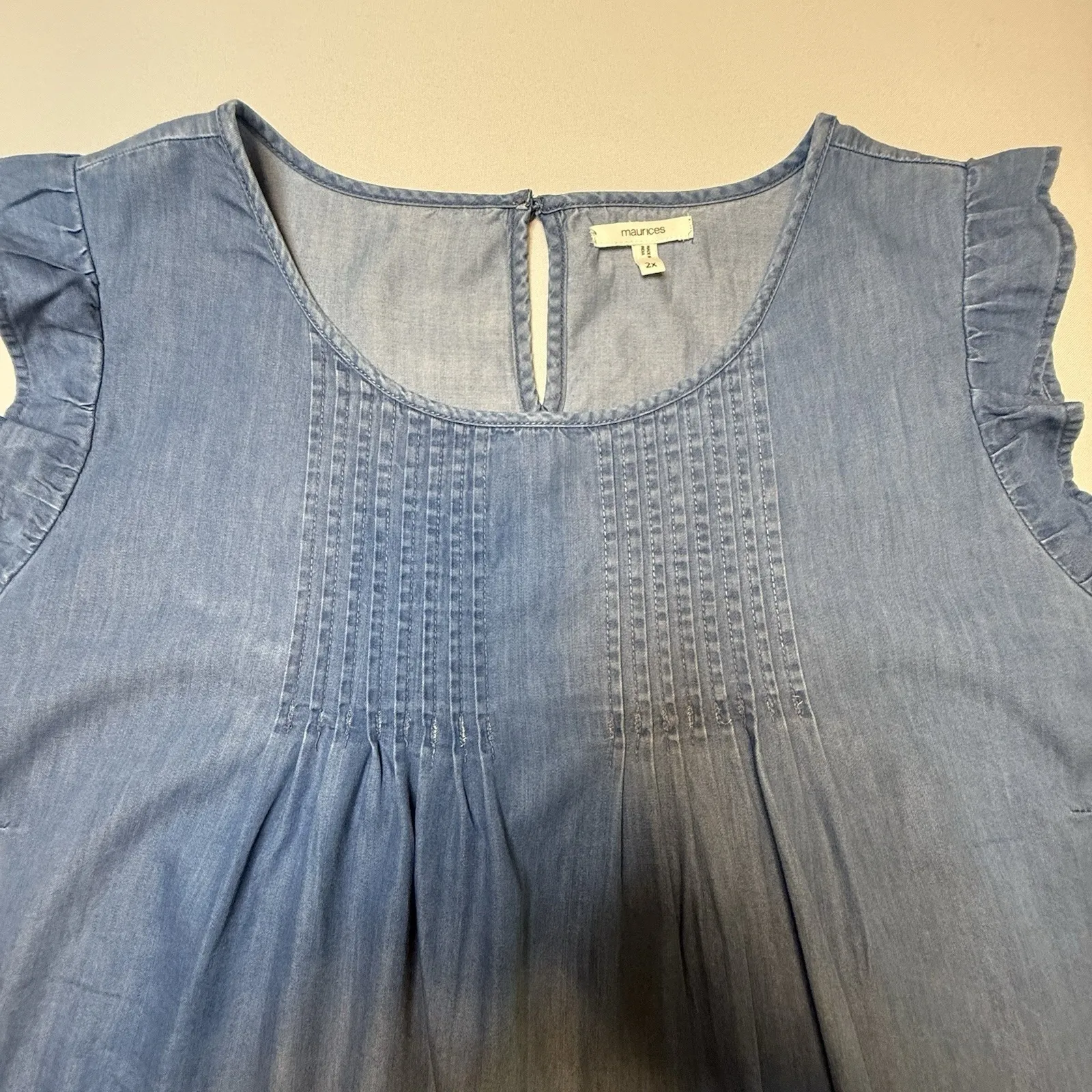 Maurice Top‎ Flowy Chambray Blouse Sleeveless Pintuck Bodice Trendy Shirt 2X # Blue Size XXL - Image 6
