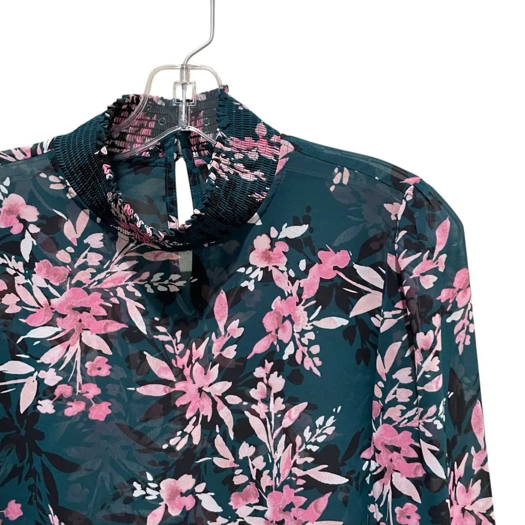 Bar III Floral Sheer Mock Neck Blouse Teal Pink Women’s Size Medium NWT - Image 4