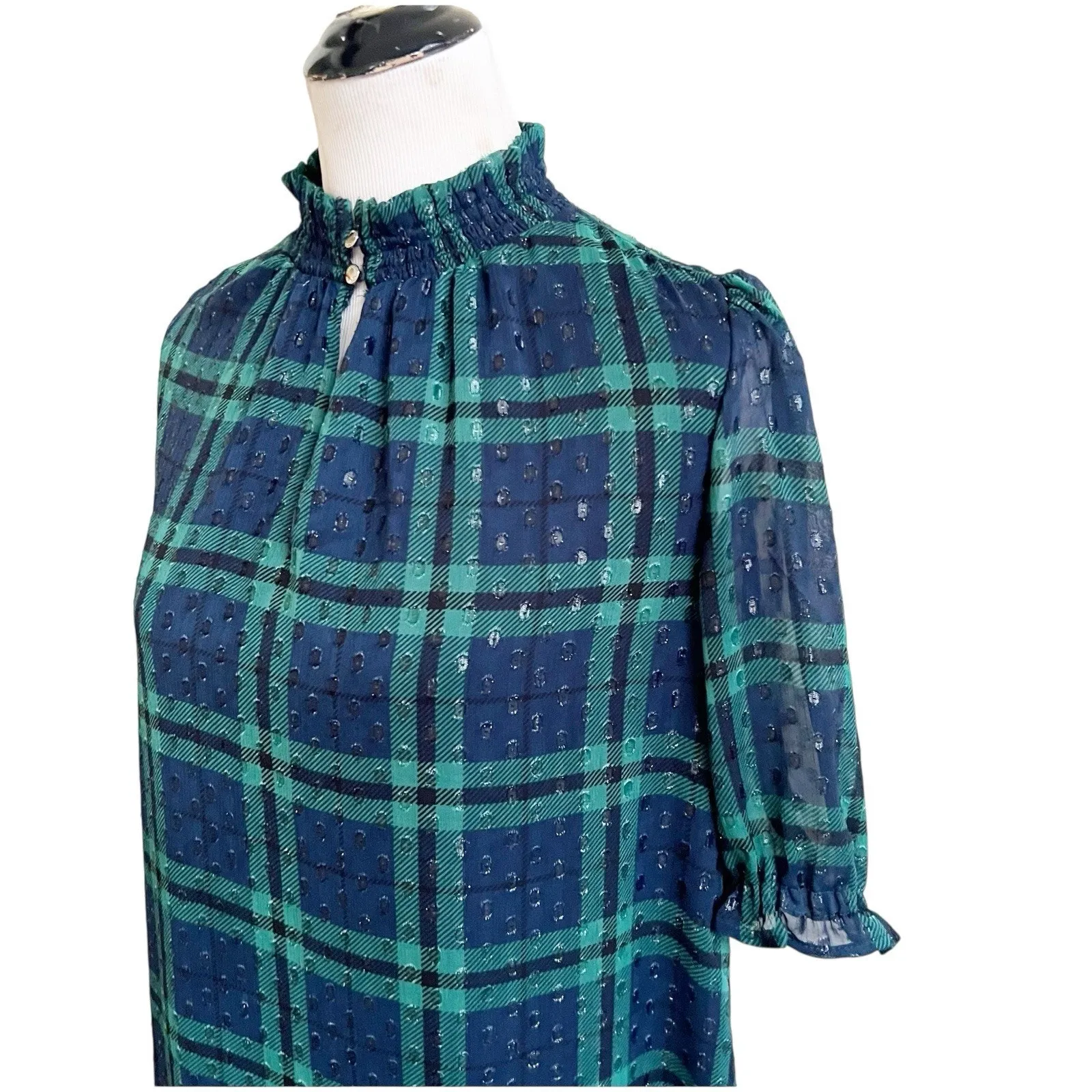 Tommy Hilfiger Tartan Plaid Dress Short Puff Sleeve Sky Captain Evergreen Size 8 - Image 7
