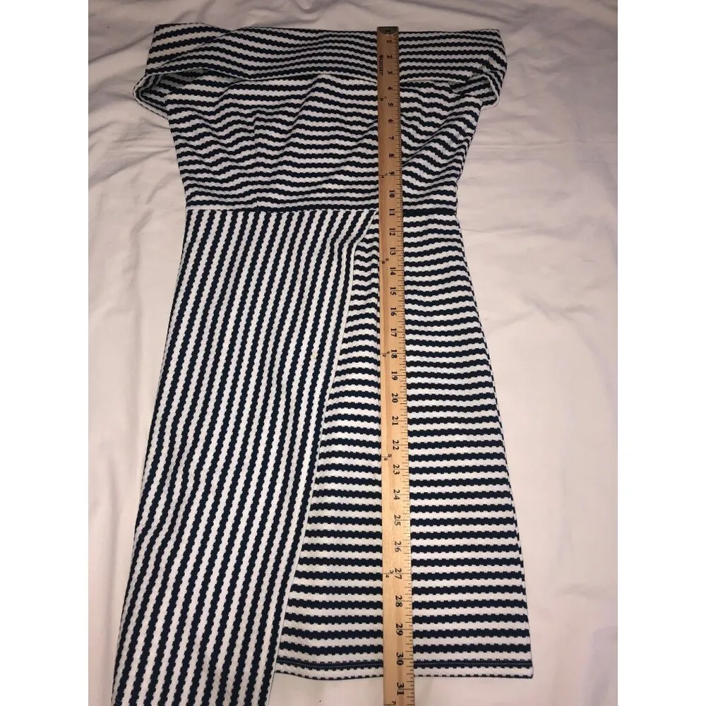 Hutch Off Shoulder Dress Size S Blue White Striped Knit Asymmetrical Nautical - Image 9