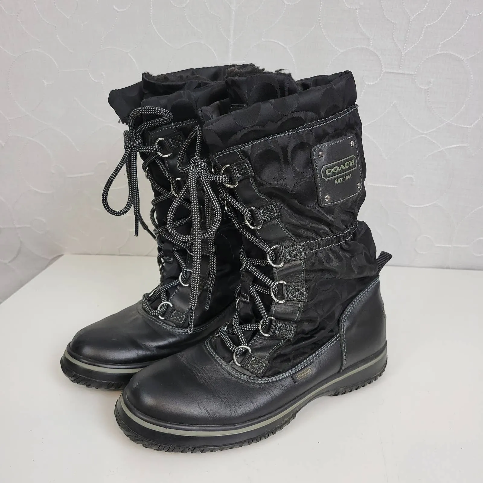Coach Womens Boots‎ Size 5.5 Shaine Black Signature Monogram Winter/Rain Fleece - Image 7