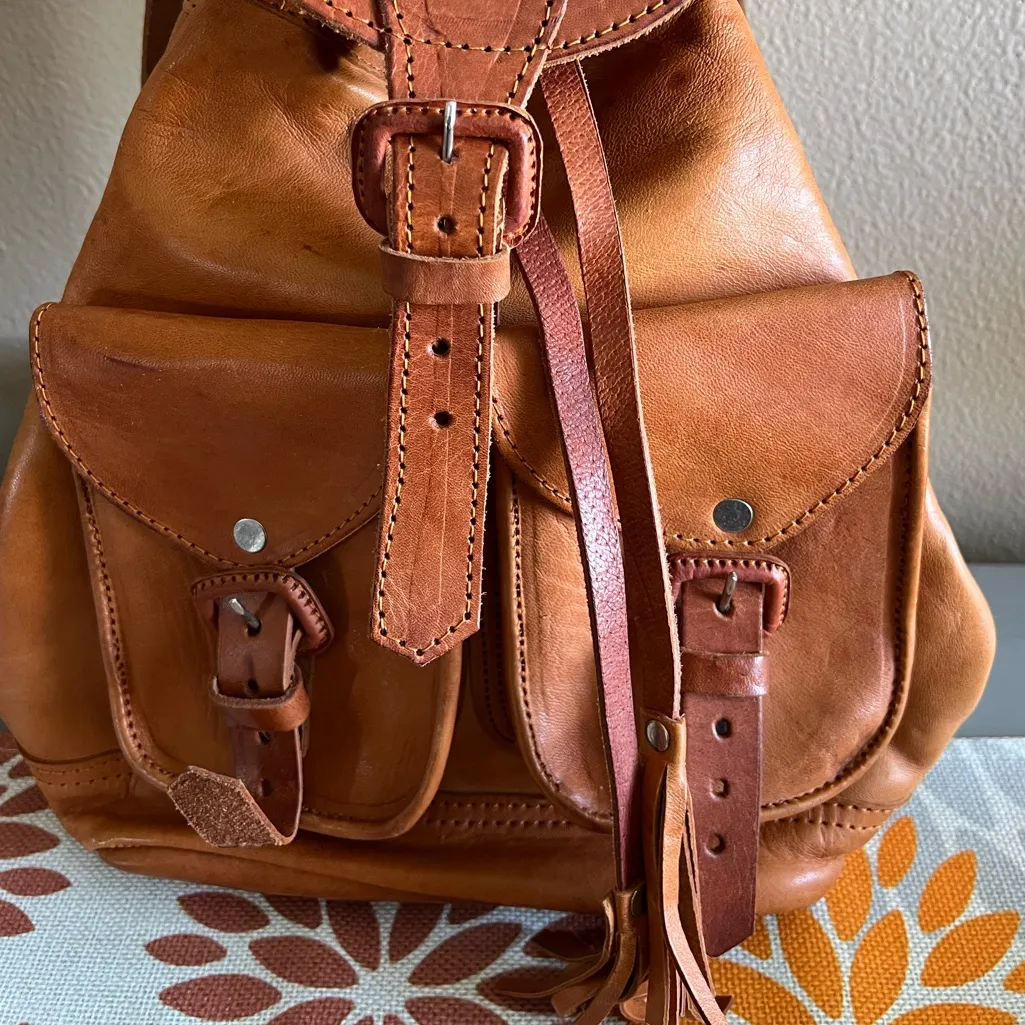 Vintage Handmade Tan Leather Backpack Unisex - Image 9