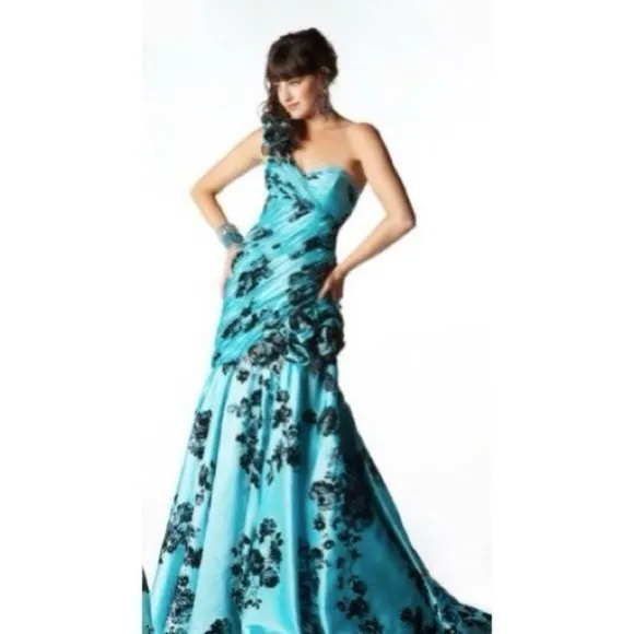 Mac Duggal Prom‎ Y2K Aqua Black Lace Mermaid Dress 80102M NWT - Image 2