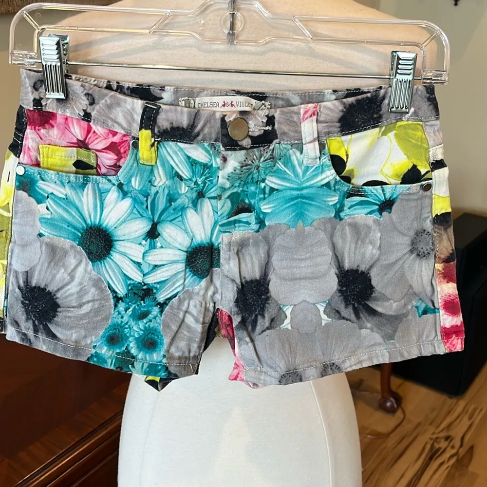 Colorful Bold Chelsea & Violet Floral Denim Shorts - Image 13