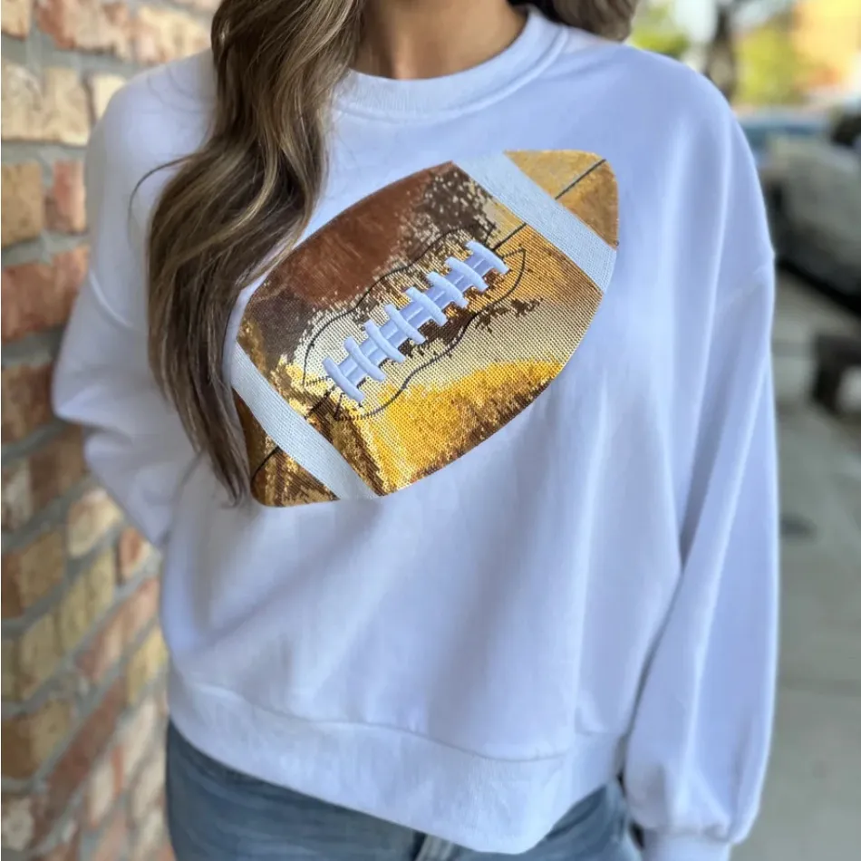 QUEEN OF SPARKLES Women’s White Sequin Football Soft Sweatshirt Size‎ Small Size M - Image 5