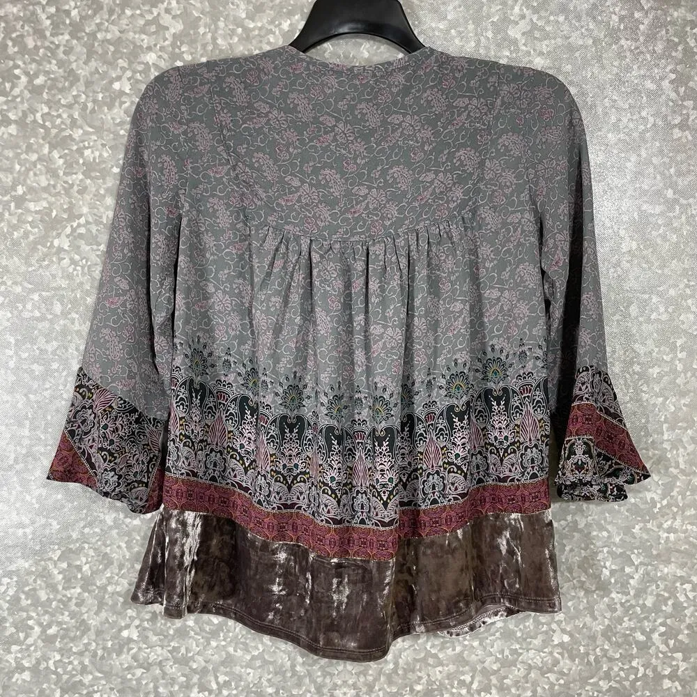 Knox Rose Women's Gray Velvet Trimmed Peasant Blouse - Size XS - Boho Chic Top - Image 6
