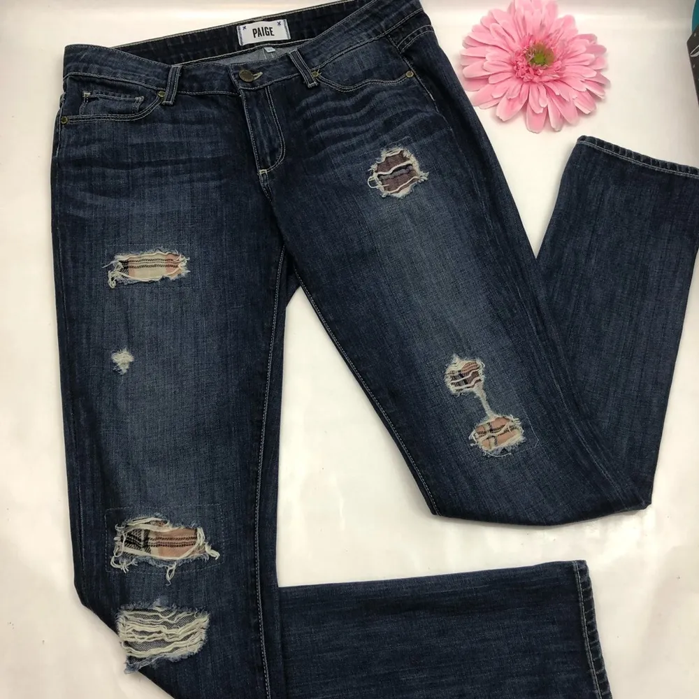 Paige Jimmy Jimmy Skinny Distressed Patchwork Plaid Jeans - Image 3