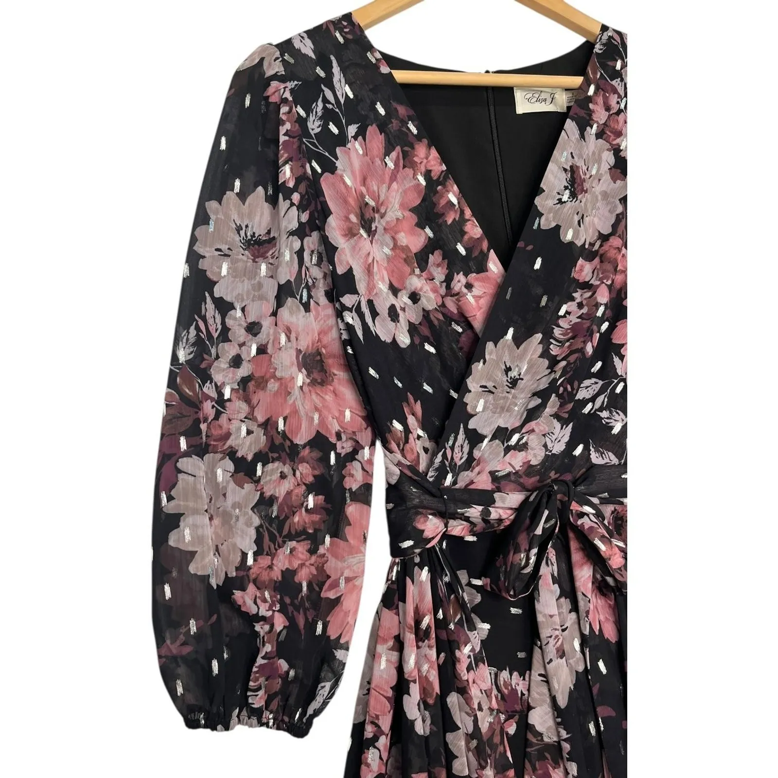 Eliza J Dress Womens 6 Black Pink Floral Maxi Wrap Chiffon Metallic Wimsigoth - Image 10