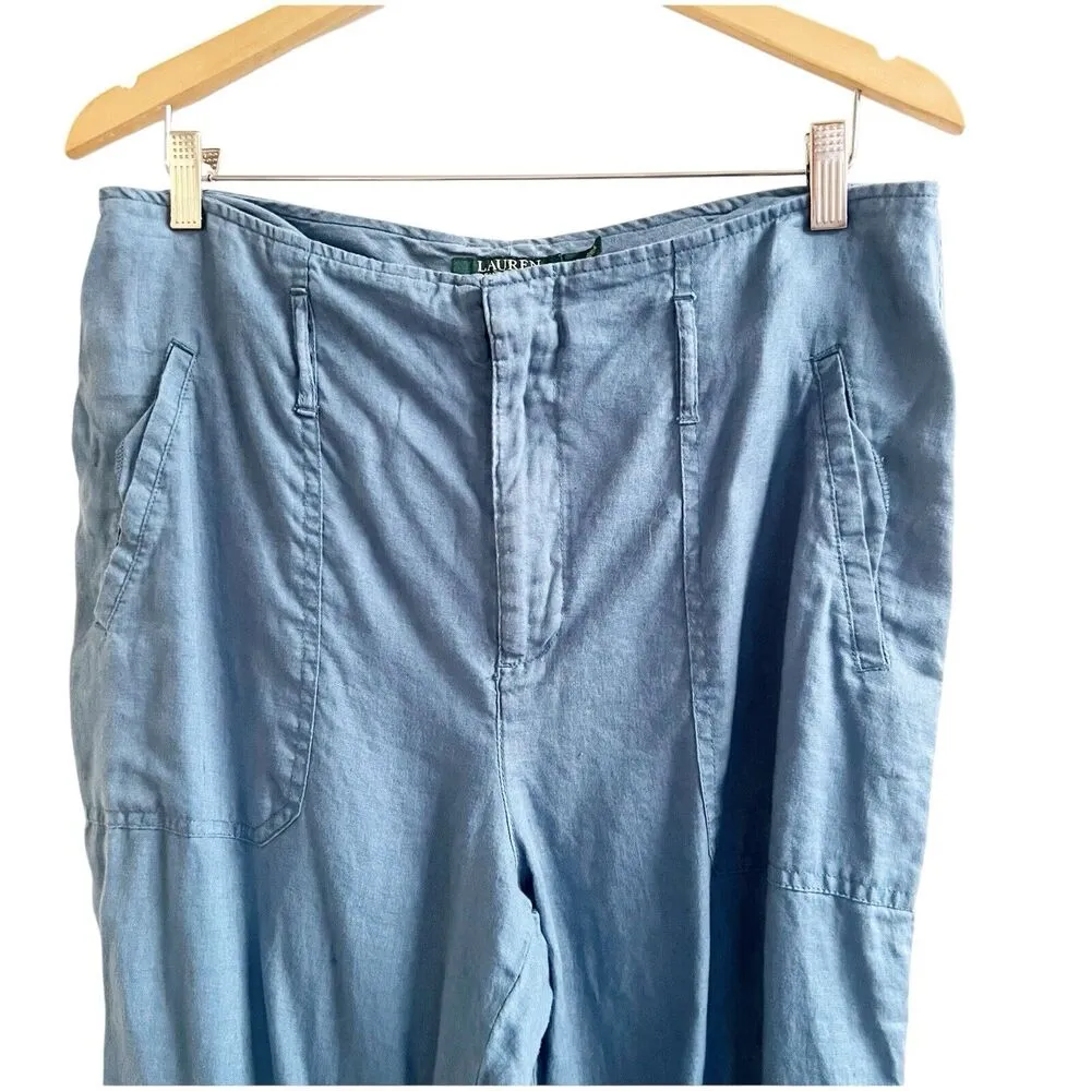 Lauren Ralph Lauren Women’s 100% Linen Tapered Leg Pants Chambray Size 10 Blue - Image 3