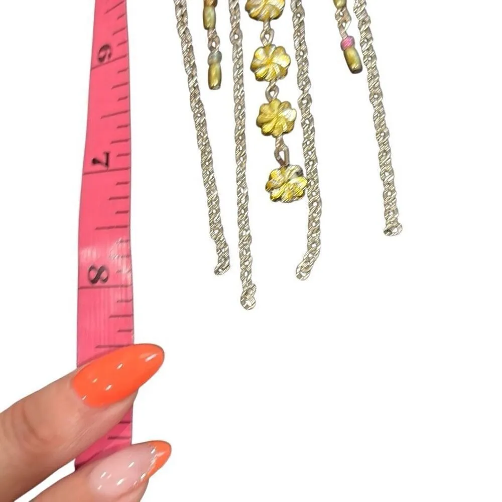 Silver Tone Teardrop Filigree Yellow Beaded Long Earrings Chain Fringe Stars NWT - Image 7