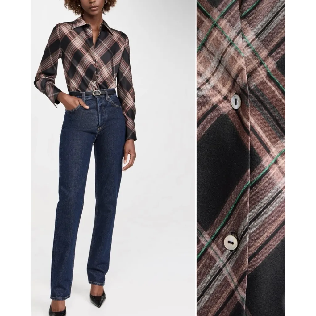 VINCE 100% silk Plaid Button-Up blouse NEW - Image 7