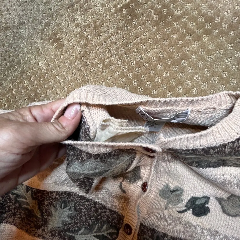 VTG Grandma Fall Leaf Knit Brown Cardigan Leaves Grannycore SZ L Sweater 80s Size L - Image 11