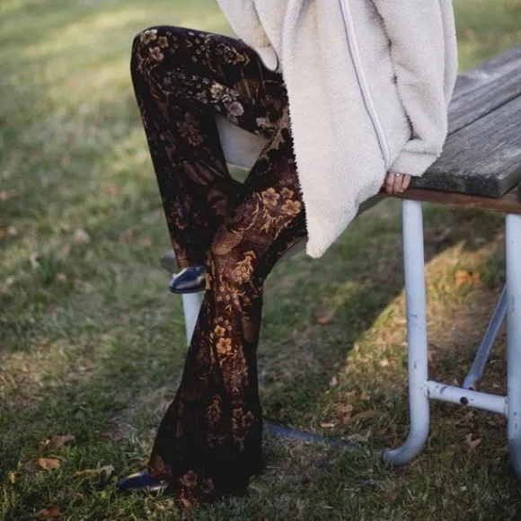 Free People Maura Printed Velvet Flare Pull On Pants Womens XS Brown FloralMulti - Image 3