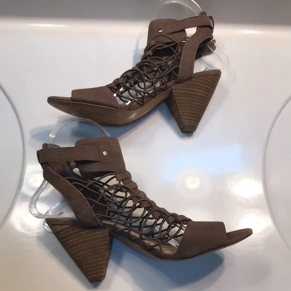 Vince Camuto Women’s Faux Leather Woven Stretch Brown Ankle Strap Cone Heels - Image 6