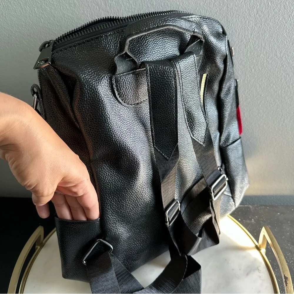 Faux Leather Black Convertible Backpack Bear Charm Work Travel Bag Overnight - Image 9