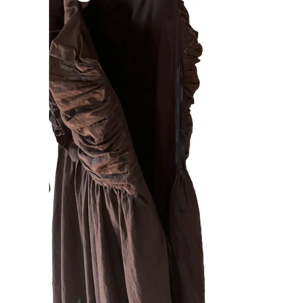 Calvin Klein Sleeveless Ruffle V-Neck Ruched Bodice Brown Cotton Dress Womens 14 - Image 3