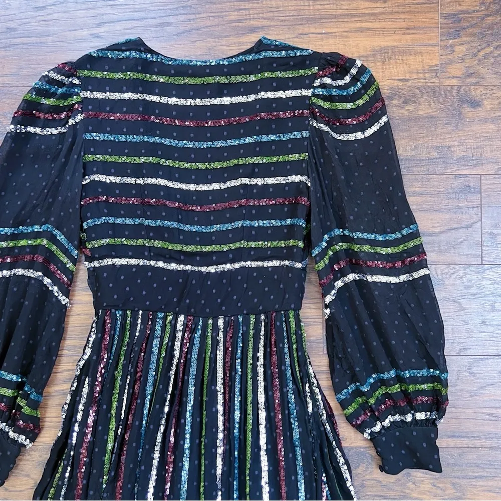 Rococo Sand • Sequin Striped Gown black chiffon rainbow swiss dot balloon sleeve Size XS - Image 13