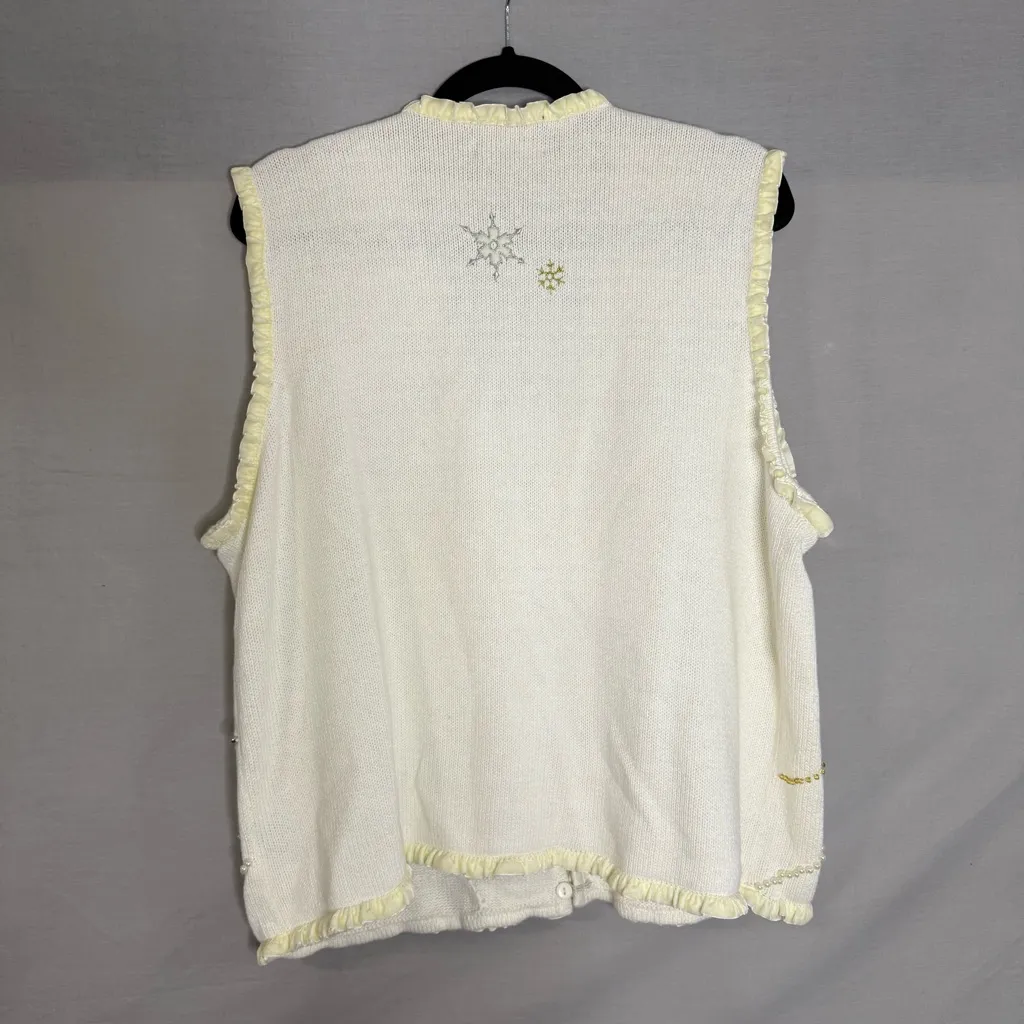 Vintage Christmas Snowflake Sweater Vest Ivory White Embroidered Made In‎ USA XL - Image 3