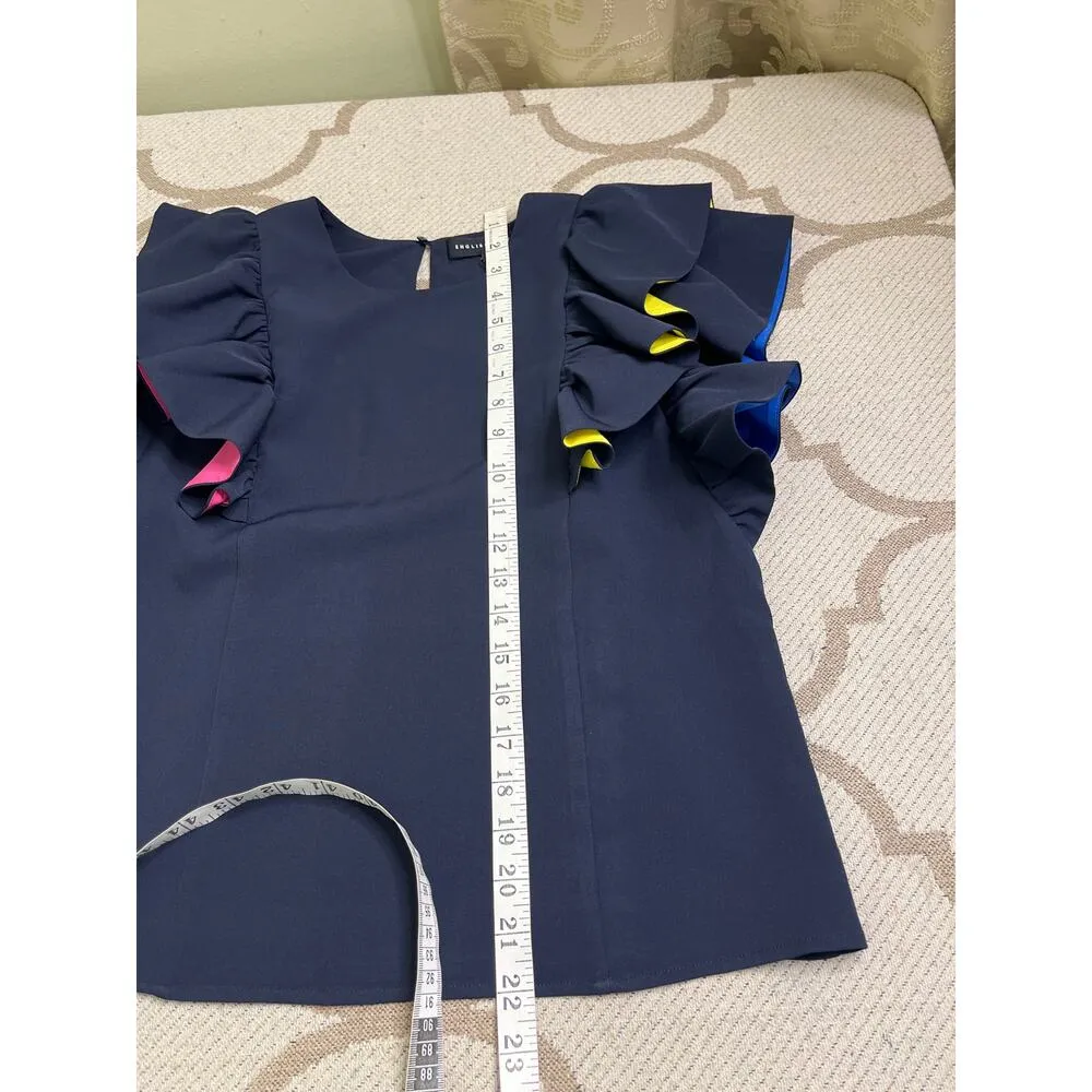 English Factory Navy blue/ colorful ruffle sleeve blouse top, size XS, MSRP $95 - Image 9