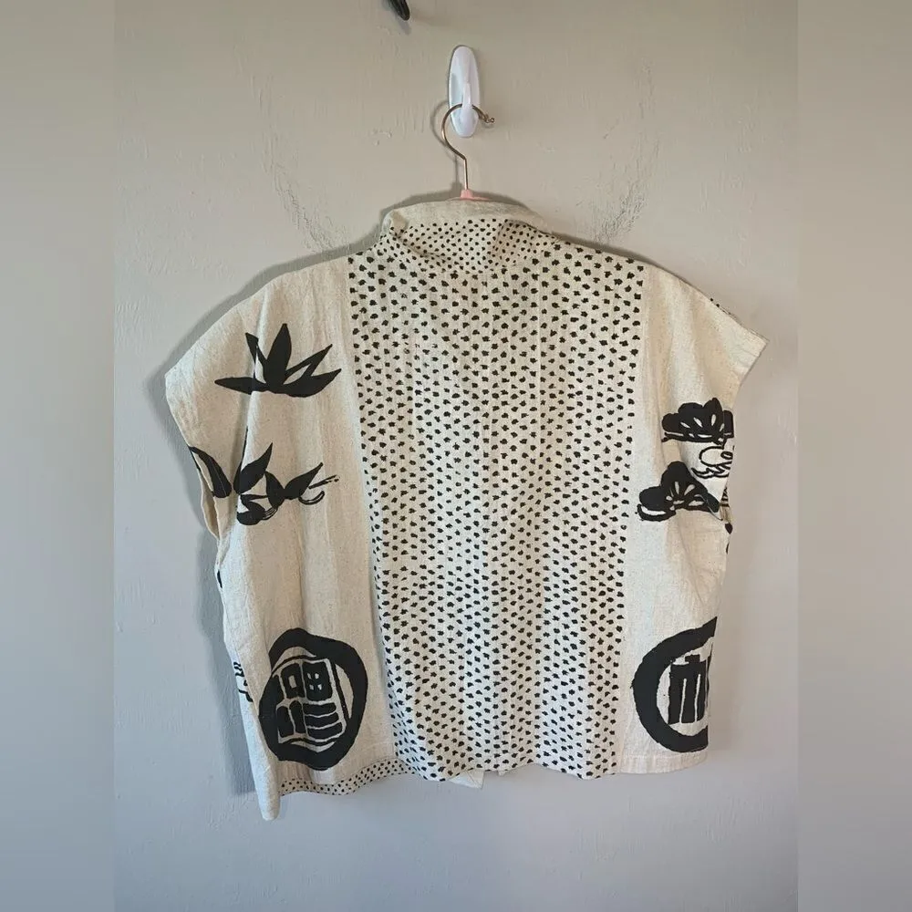 Cupcake‎ Abstract Cream Lotus Print Single Button Shirt Sz XL Black - Image 2