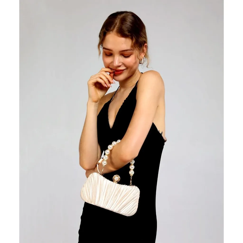 ⚡ Women's White Satin Pearl Evening Chain Strap Shoulder Clutch Handbag - Image 3