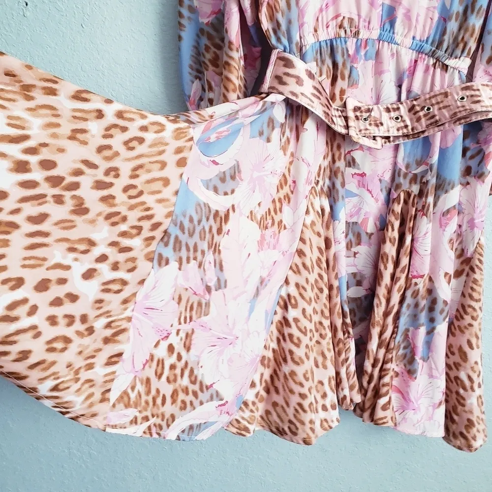 Venus Pink And Blue Floral Leopard Print Long Sleeve Belted Dress - Image 5